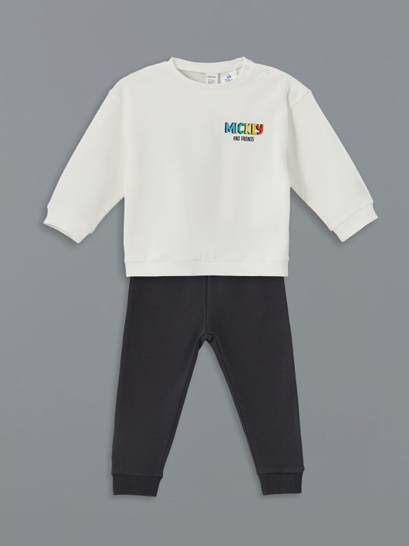 LCW Baby Beige Mickey Mouse Printed Sweatshirt and Sweatpants Set