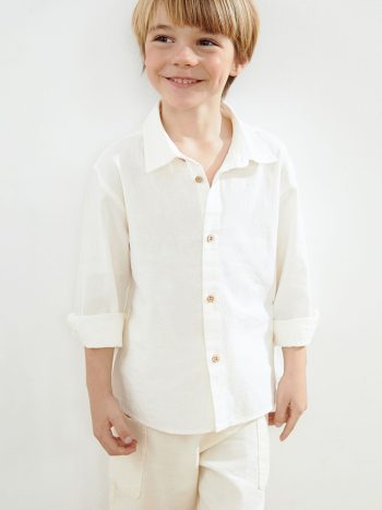 LCW Kids Cream Basic Long Sleeve Boys' Shirt