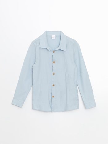 LCW Kids Blue Textured Krinkle Shirt for Boys