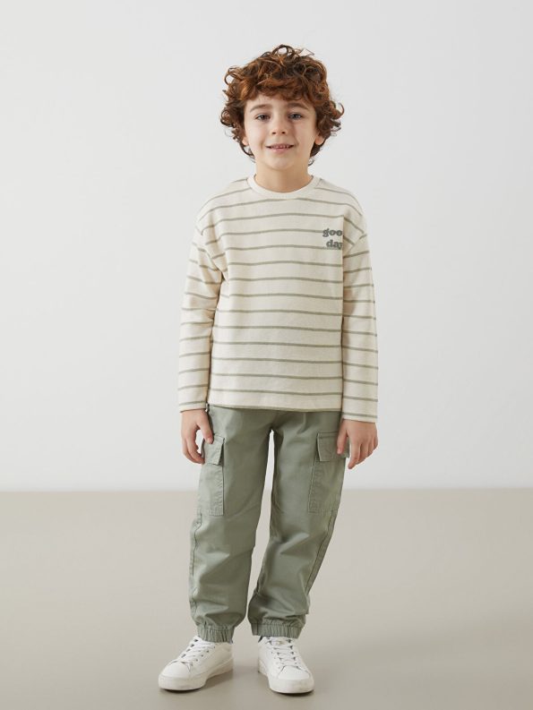 LCW Kids Green Textured Fabric Striped Boys T-Shirt