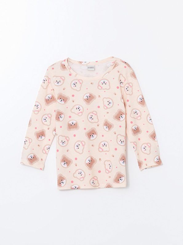 LCW Kids Cream Printed Bicycle Neck Pajama Set for Girls