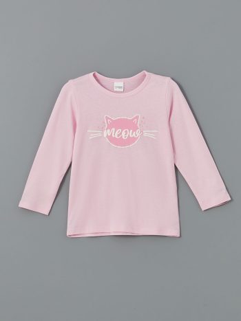 LCW Kids Pink Printed Bicycle Neck Pajama Set for Girls