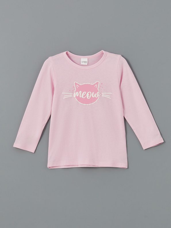 LCW Kids Pink Printed Bicycle Neck Pajama Set for Girls