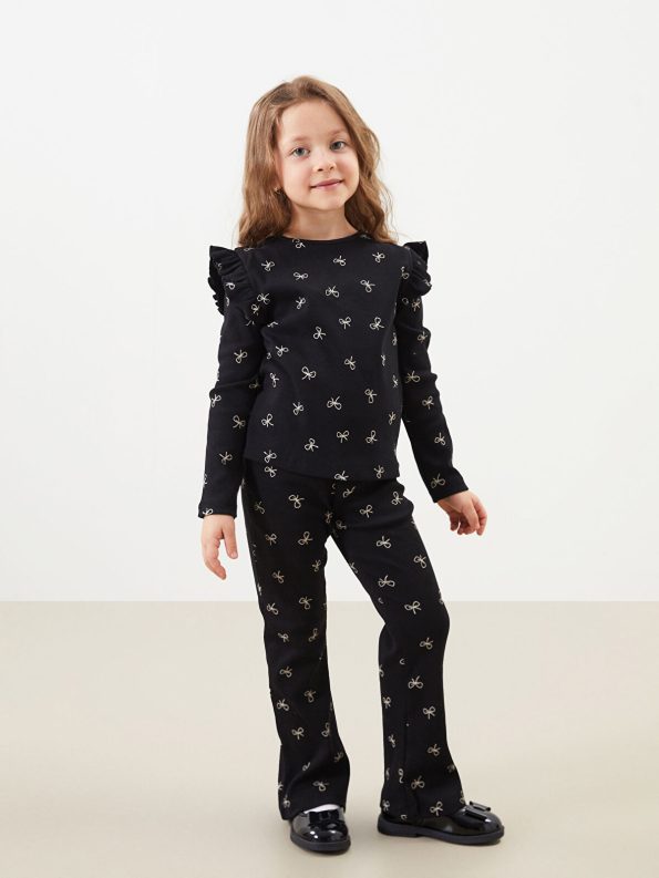 LCW Kids Black Round Neck Bow Print Blouse and Leggings Set
