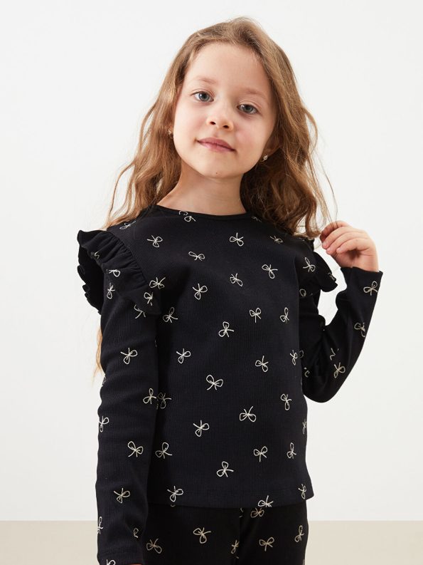 LCW Kids Black Round Neck Bow Print Blouse and Leggings Set