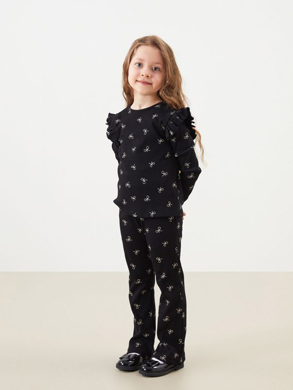 LCW Kids Black Round Neck Bow Print Blouse and Leggings Set