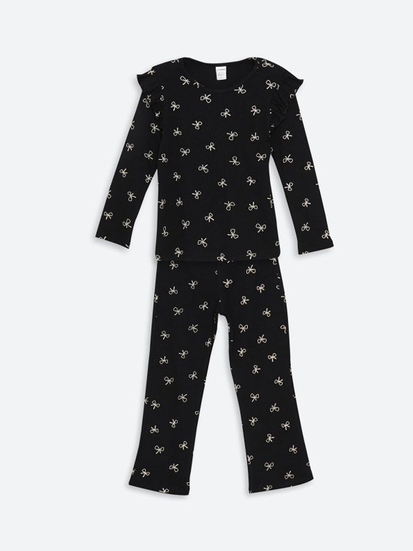 LCW Kids Black Round Neck Bow Print Blouse and Leggings Set