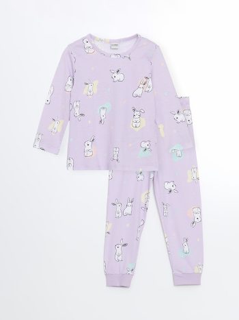 LCW Kids Lilac Rabbit Print Long Sleeve Pajama Set for Girls