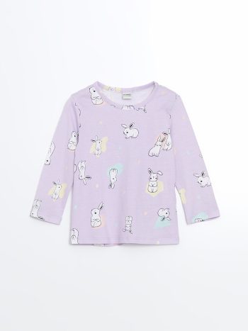 LCW Kids Lilac Rabbit Print Long Sleeve Pajama Set for Girls