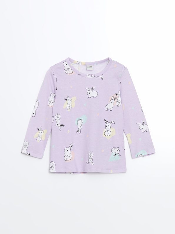 LCW Kids Lilac Rabbit Print Long Sleeve Pajama Set for Girls
