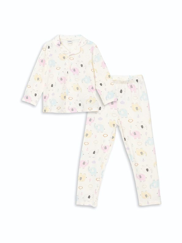 LCW Kids Ivory Printed Collar Pajama Set for Girls