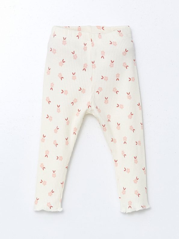 LCW Baby Cream Elastic Waist Printed Leggings for Girls