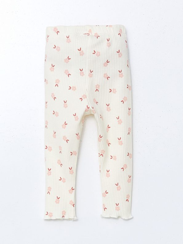 LCW Baby Cream Elastic Waist Printed Leggings for Girls