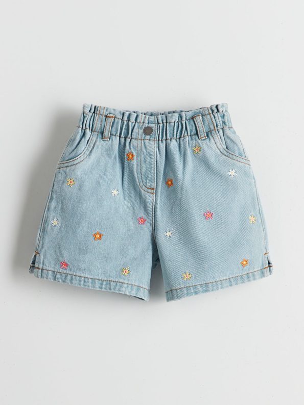 LCW Kids Blue Elastic Waist Embroidered Girls' Denim Shorts