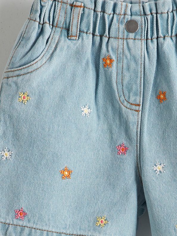 LCW Kids Blue Elastic Waist Embroidered Girls' Denim Shorts