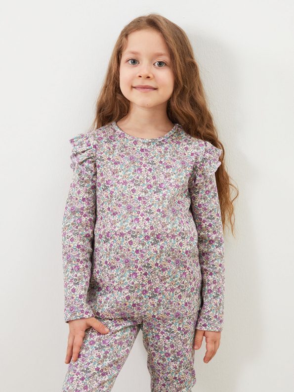 LCW Kids Cream Floral Print Blouse and Leggings Set
