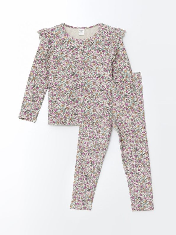 LCW Kids Cream Floral Print Blouse and Leggings Set