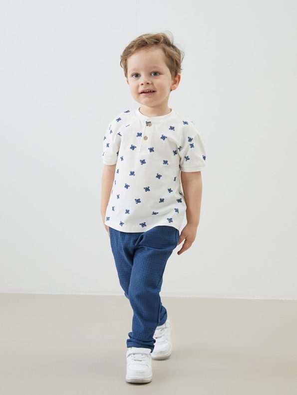 LCW Baby Cream Printed Short Sleeve T-Shirt and Pants Set