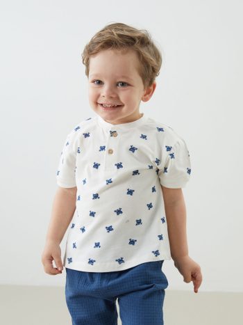 LCW Baby Cream Printed Short Sleeve T-Shirt and Pants Set