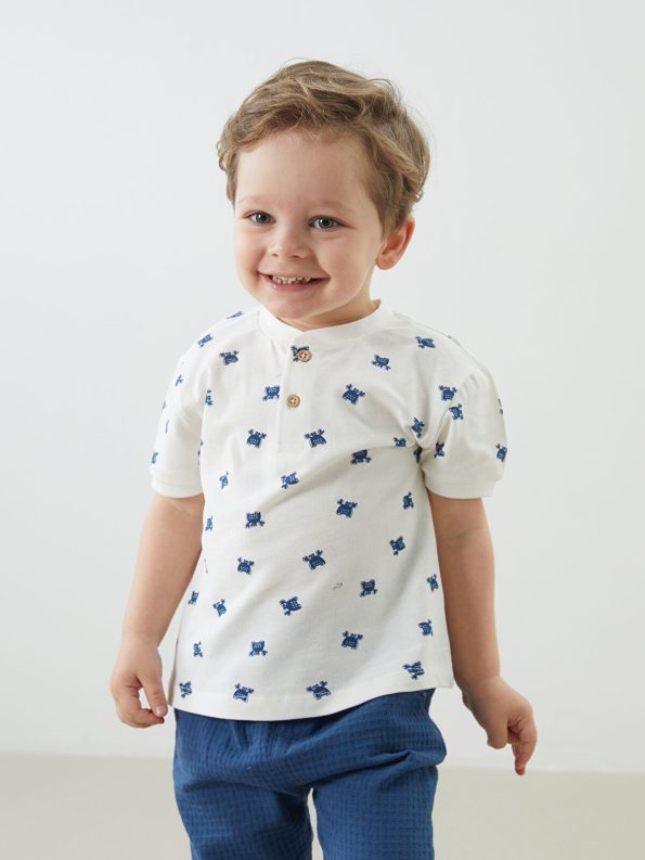 LCW Baby Cream Printed Short Sleeve T-Shirt and Pants Set