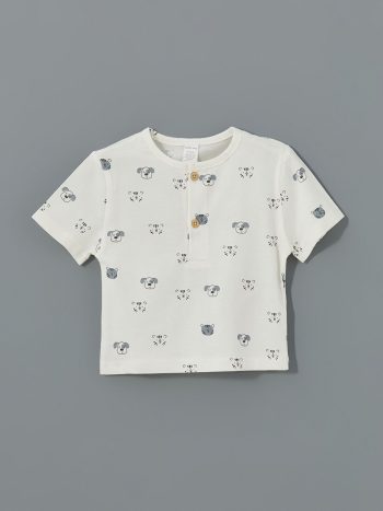 LCW Baby Cream Printed Short Sleeve T-Shirt and Pants Set
