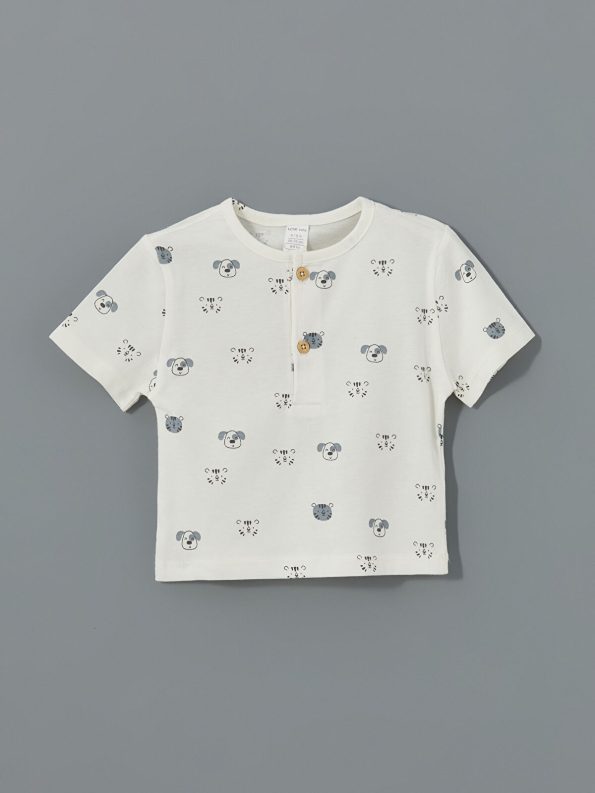 LCW Baby Cream Printed Short Sleeve T-Shirt and Pants Set