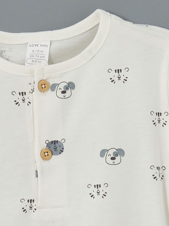 LCW Baby Cream Printed Short Sleeve T-Shirt and Pants Set