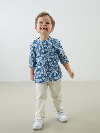 LCW Baby Blue Mandarin Collar Boys' Shirt and Pants Set