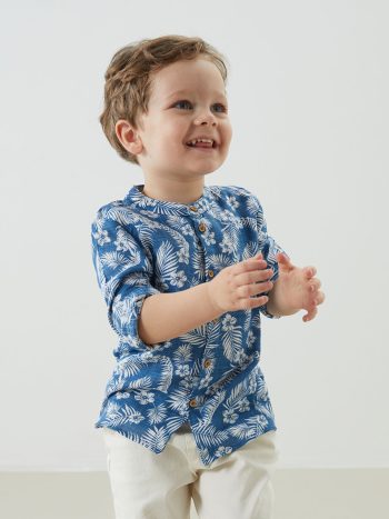 LCW Baby Blue Mandarin Collar Boys' Shirt and Pants Set