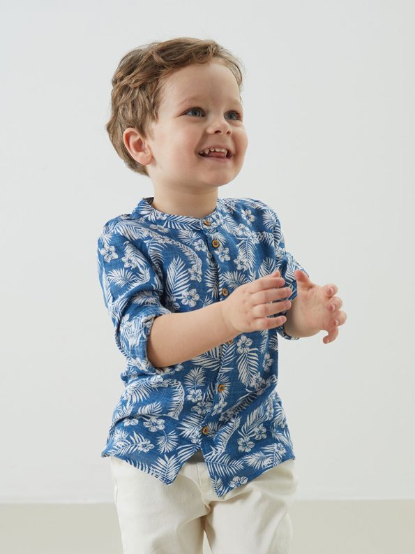 LCW Baby Blue Mandarin Collar Boys' Shirt and Pants Set