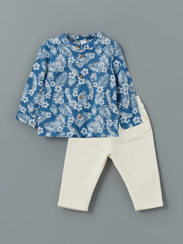 LCW Baby Blue Mandarin Collar Boys' Shirt and Pants Set