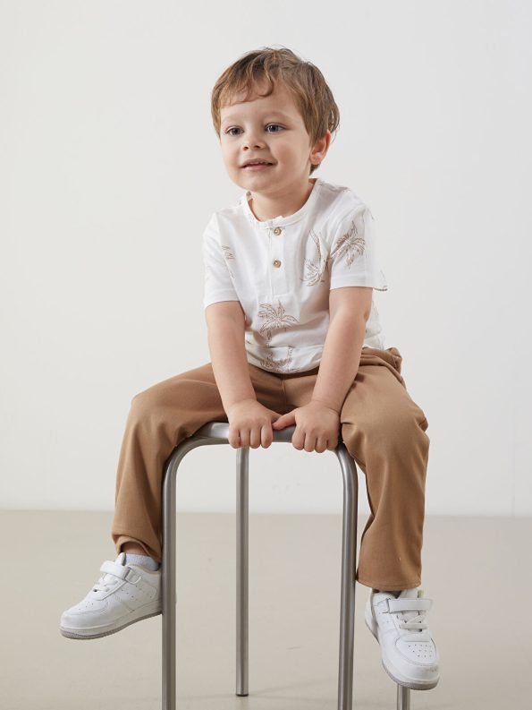 LCW Baby Cream Printed Short Sleeve T-Shirt and Pants Set
