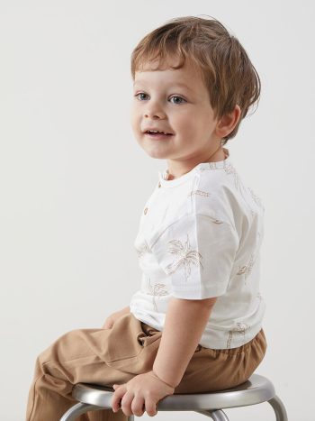 LCW Baby Cream Printed Short Sleeve T-Shirt and Pants Set