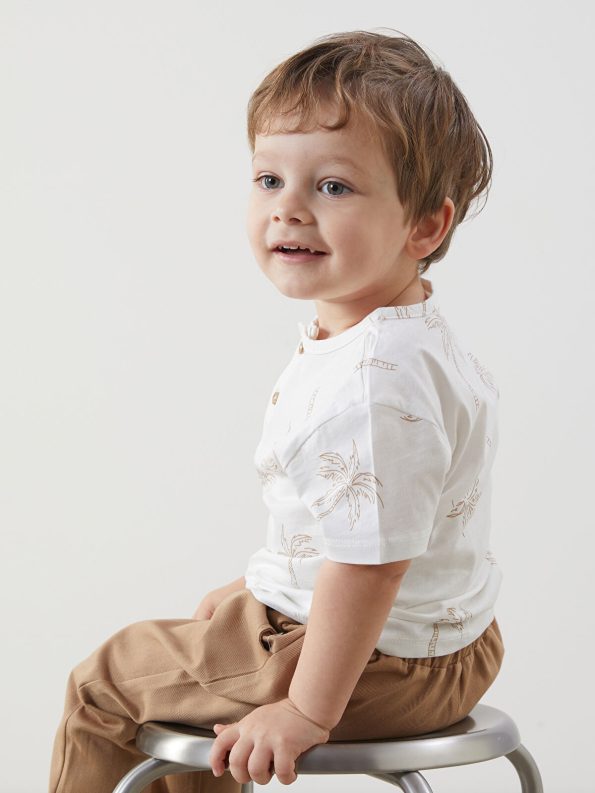 LCW Baby Cream Printed Short Sleeve T-Shirt and Pants Set