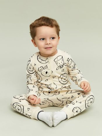 LCW Baby Beige Zippered Printed Baby Boy Romper