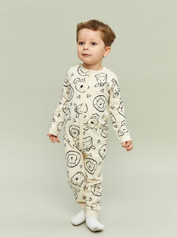 LCW Baby Beige Zippered Printed Baby Boy Romper