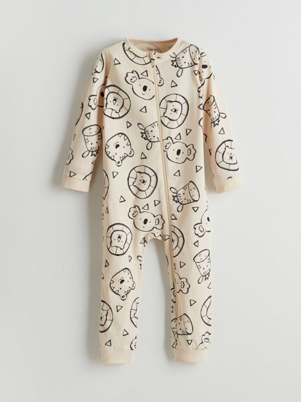 LCW Baby Beige Zippered Printed Baby Boy Romper