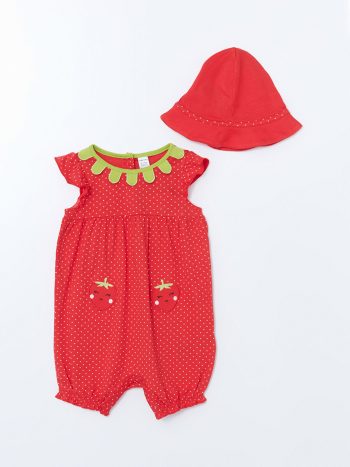 LCW Baby Red Strawberry Print Girl Baby Hat and Romper Set