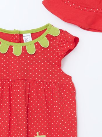 LCW Baby Red Strawberry Print Girl Baby Hat and Romper Set