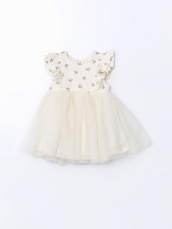 LCW Baby Beige Basic Dress with Lace Tulle for Girls