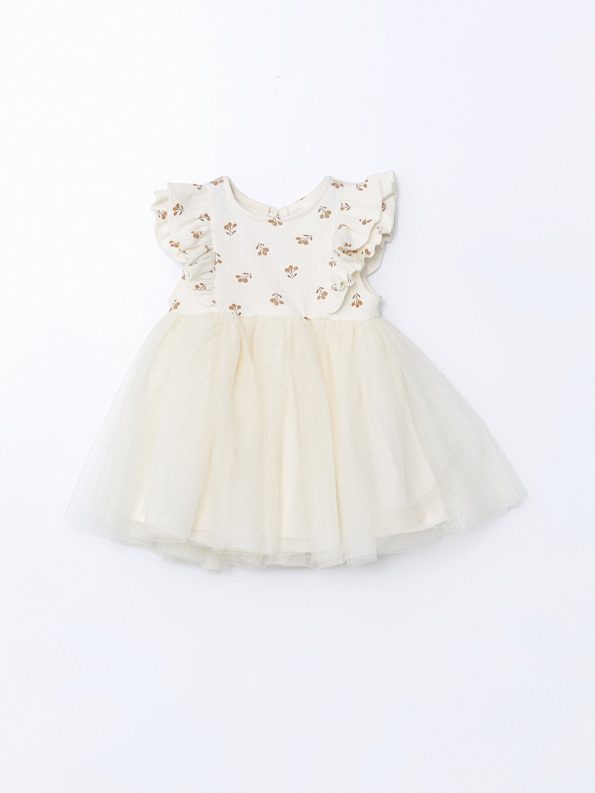 LCW Baby Beige Basic Dress with Lace Tulle for Girls