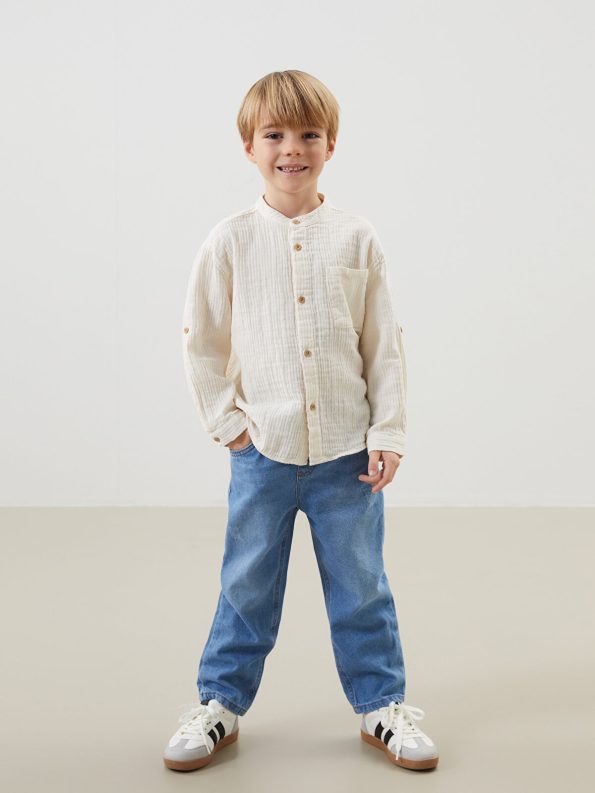 LCW Kids Beige Mandarin Collar Basic Shirt for Boys