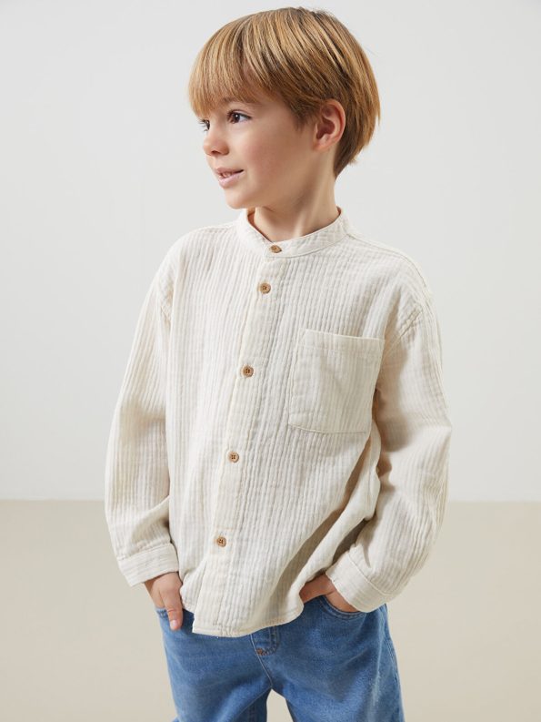 LCW Kids Beige Mandarin Collar Basic Shirt for Boys