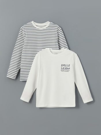 LCW Kids Cream Striped Crew Neck T-Shirt Set for Boys