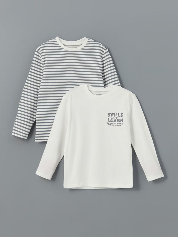 LCW Kids Cream Striped Crew Neck T-Shirt Set for Boys