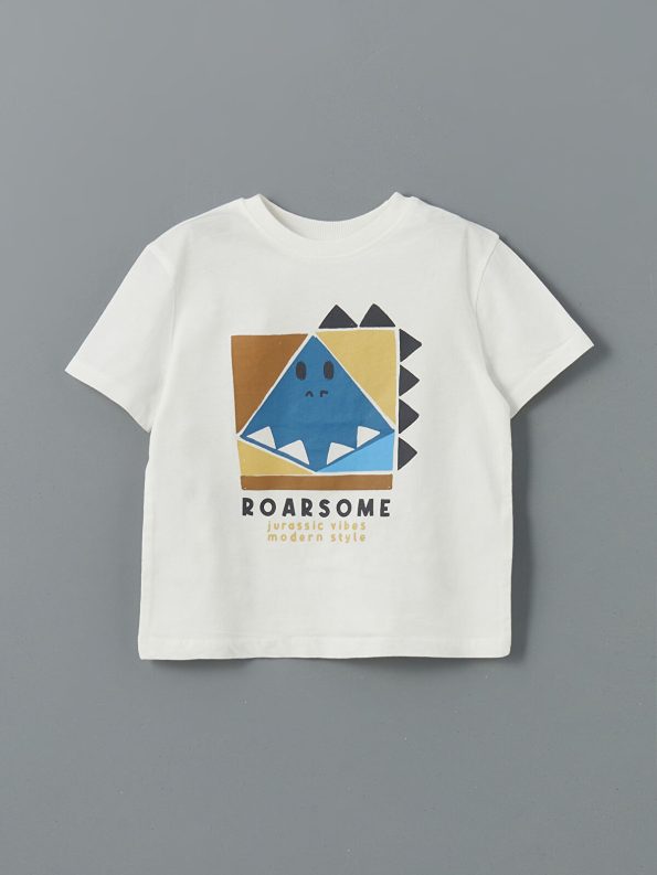 LCW Kids Cream Crew Neck Printed Boys T-Shirt