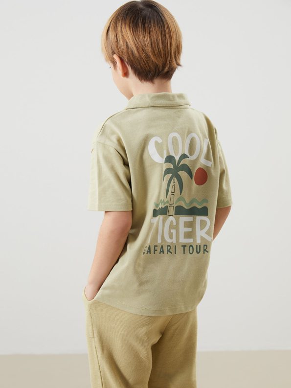 LCW Kids Haki Resort Collar Printed Boys T-Shirt