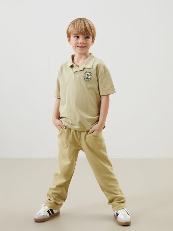 LCW Kids Haki Resort Collar Printed Boys T-Shirt
