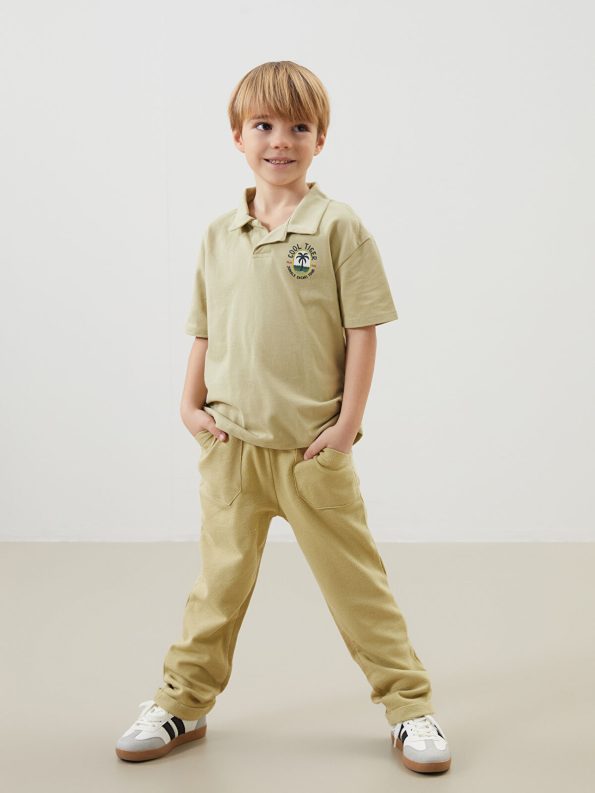 LCW Kids Haki Resort Collar Printed Boys T-Shirt