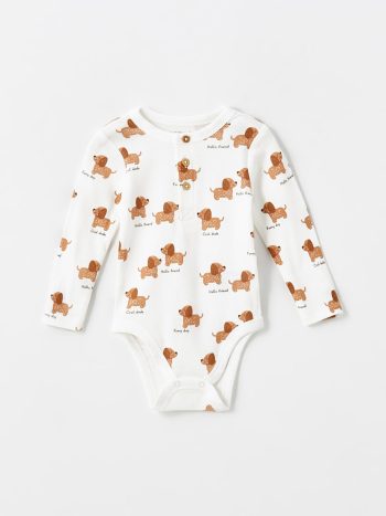 LCW Baby Cream Cute Dog Printed Boys Bodysuit